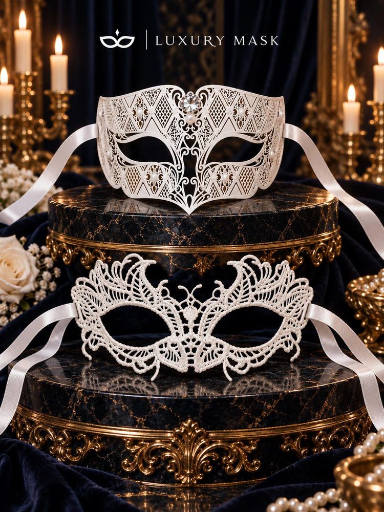 White Lace & Diamond Clear Stone Masks for Couples – product photo 6