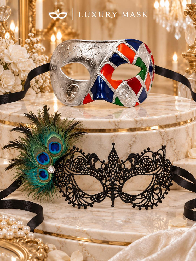 Silver Multicolor Checkered Venetian Mask with Black Peacock Lace Mask – product photo 6
