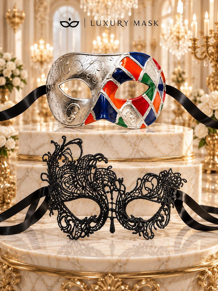 Multicolor Checkered Venetian Mask for Men & Black Swan Lace Mask for Women – product photo 6