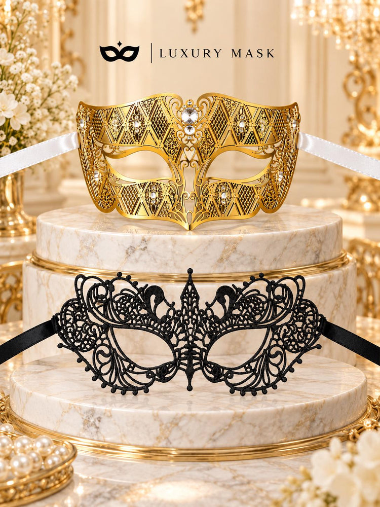 Gold Clear Stone Diamond Mask for Men & Black Lace Mask for Women – product photo 6