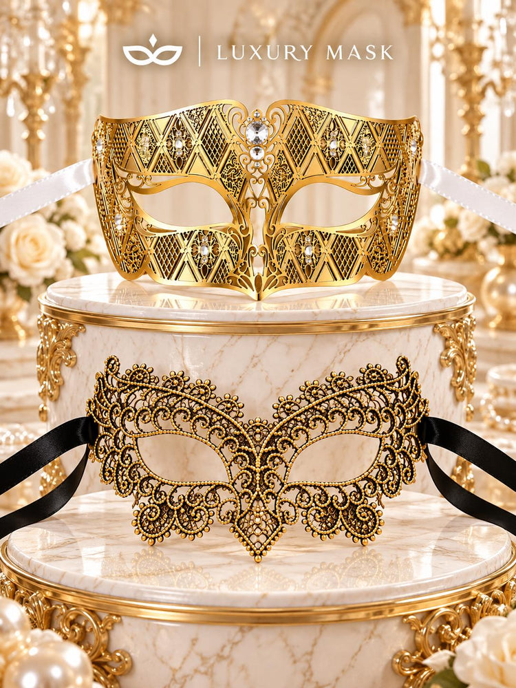 Gold Black Lace Mask for Women with Gold Diamond Stone Mask for Men – product photo 6
