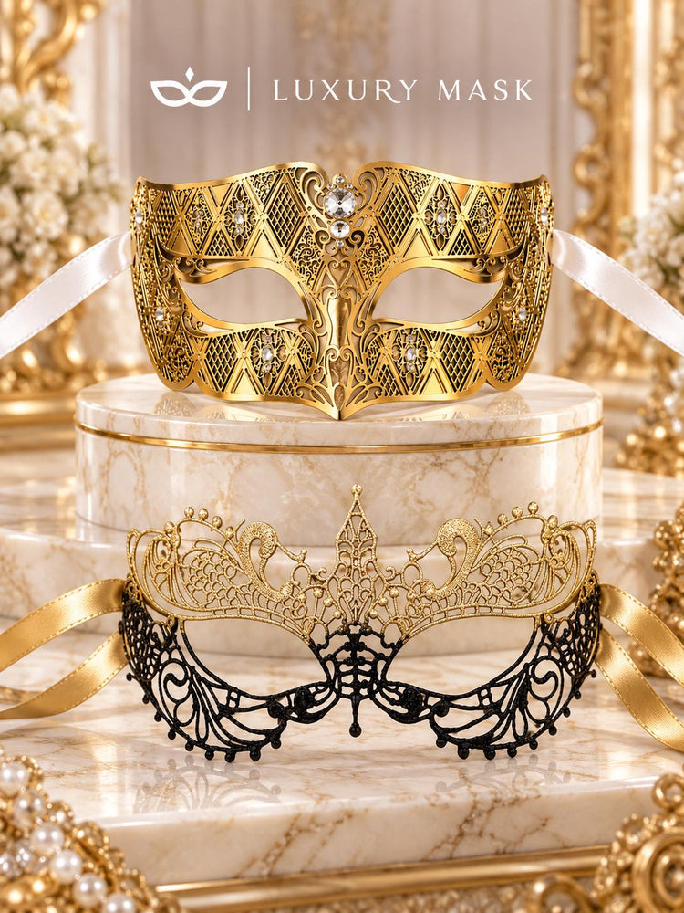 Black Gold Lace Mask for Women & Gold Diamond Venetian Mask for Men – product photo 6