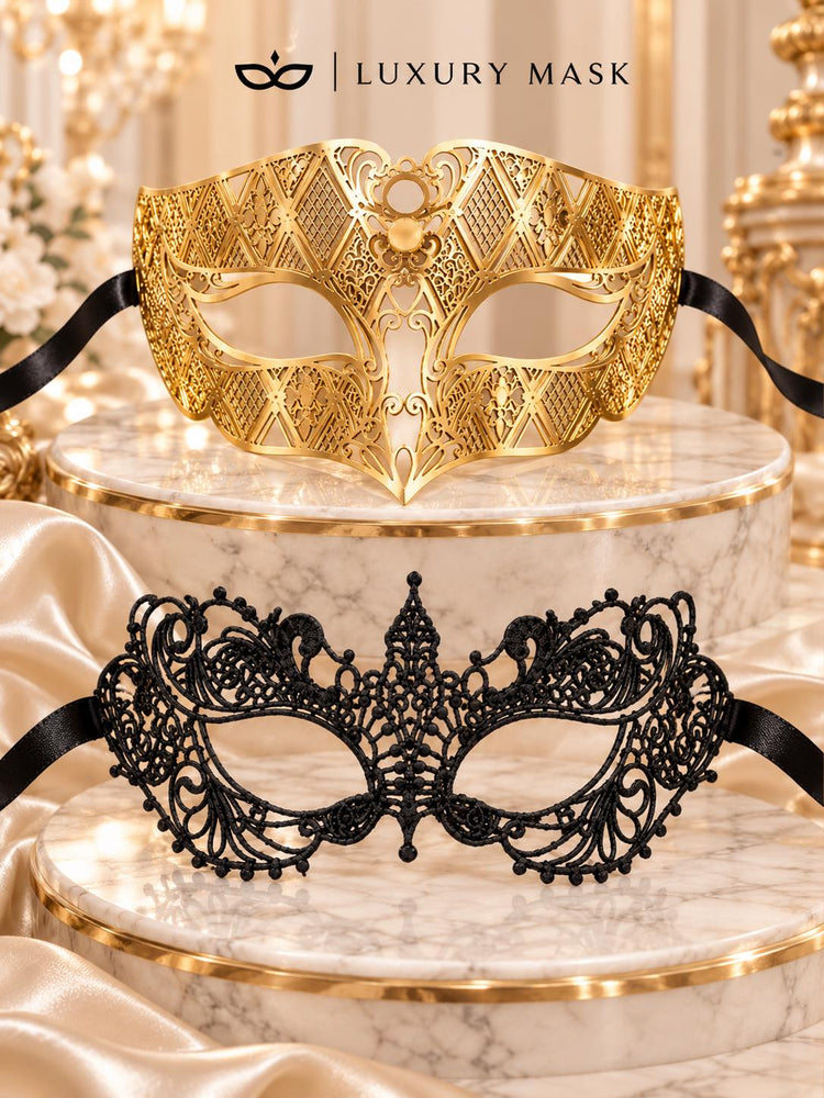 Gold Diamond Venetian Mask for Men & Black Lace Mask for Women | Elegant Gold Black Couples Masquerade Set - product view 6
