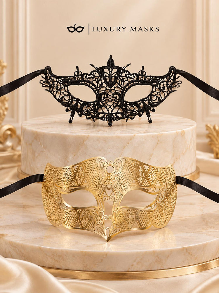 Gold Laser Cut Diamond Mask for Men with Black Lace Mask for Women | Venetian His and Hers Masquerade Masks - product view 6
