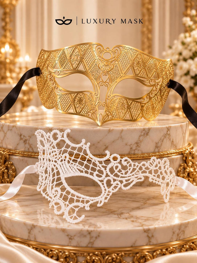 White Phantom Lace Mask for Women & Gold Diamond Venetian Mask for Men | Elegant Gold White His and Hers Masquerade Set - product view 6