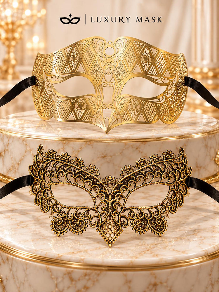 Gold Black Masquerade Masks for Couples | Diamond Laser Cut Venetian Mask for Men & Black Gold Lace Mask for Women - product view 6