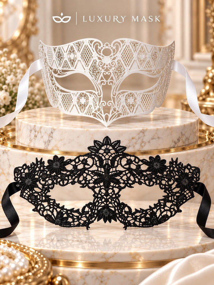 Black Flower Lace Mask for Women & White Diamond Venetian Mask for Men – product photo 6