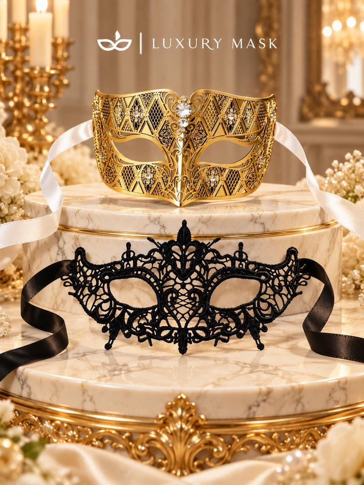 Black Lace Masquerade Mask for Women with Gold Diamond Stone Venetian Mask for Men – product photo 6