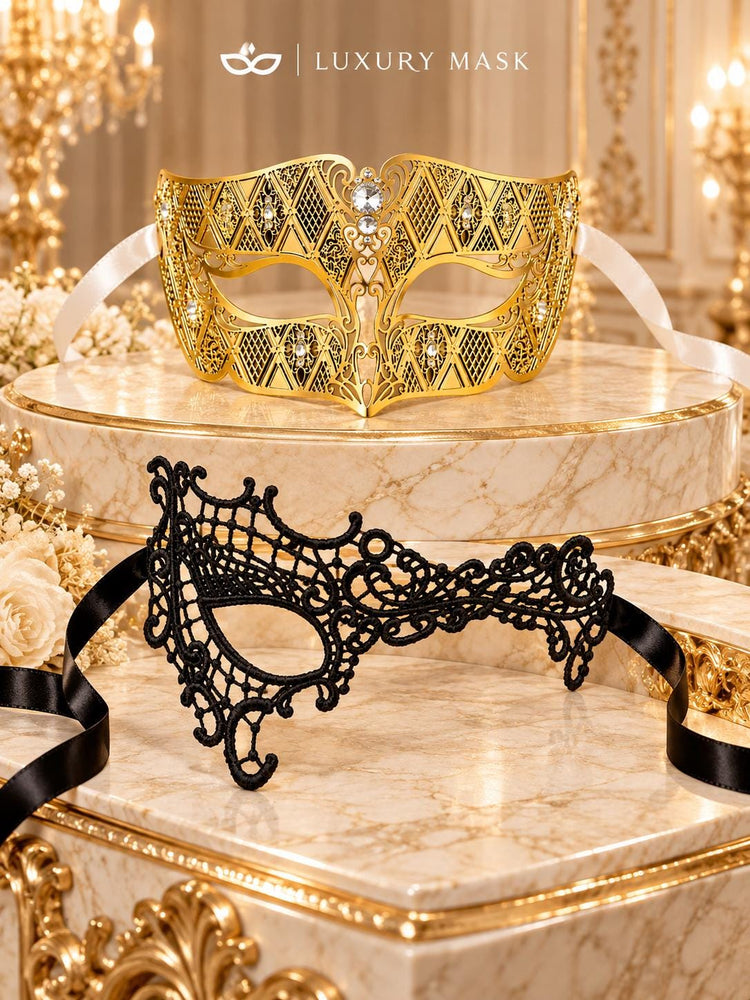 Gold Diamond Venetian Mask for Men & Black Phantom Lace Mask for Women – product photo 6