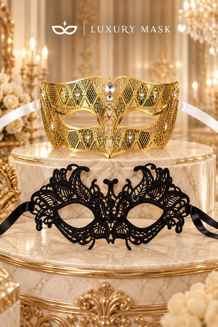 Gold Clear Stone Diamond Mask for Men & Black Lace Venetian Mask for Women – product photo 6