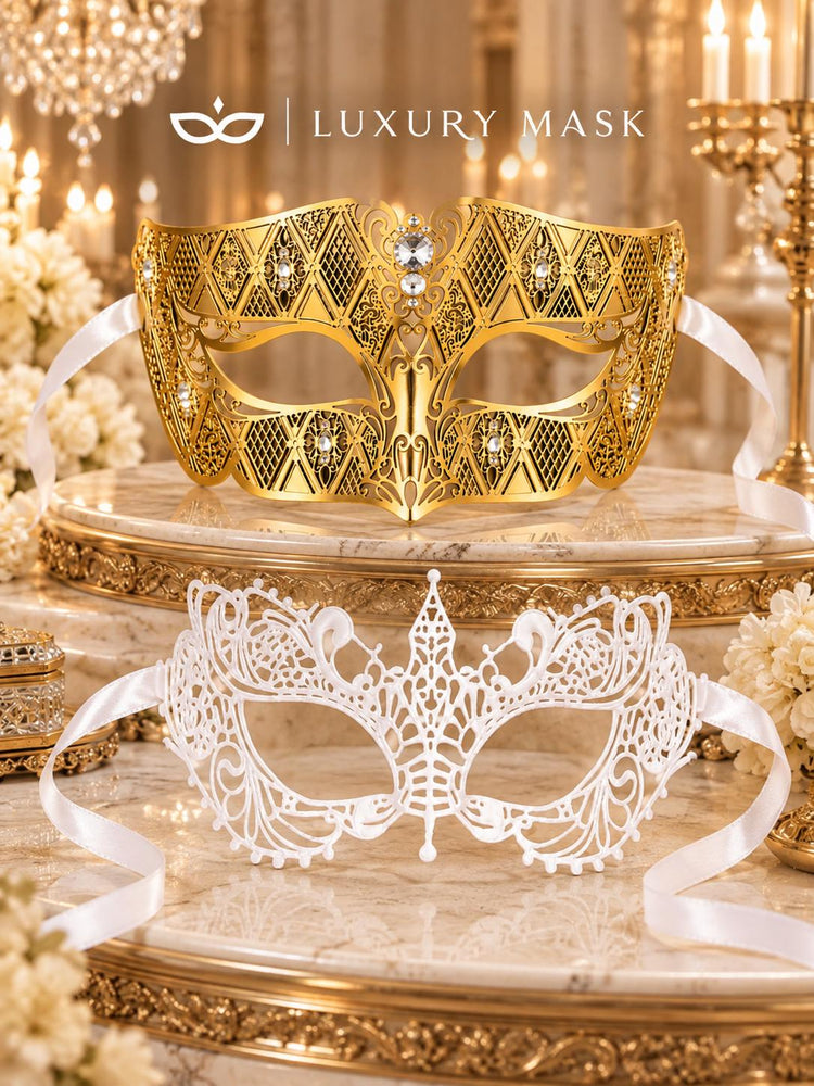 Gold Diamond Clear Stone Mask & White Lace Venetian Mask – product photo 6