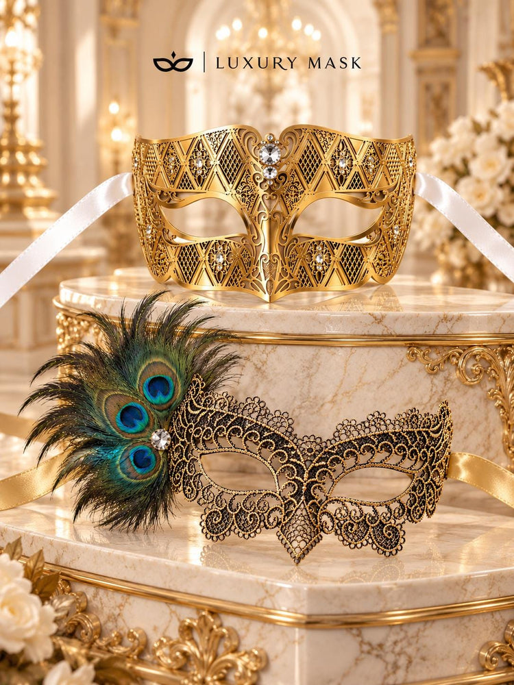 Gold Black Peacock Feather Lace Mask & Gold Diamond Venetian Mask – product photo 6