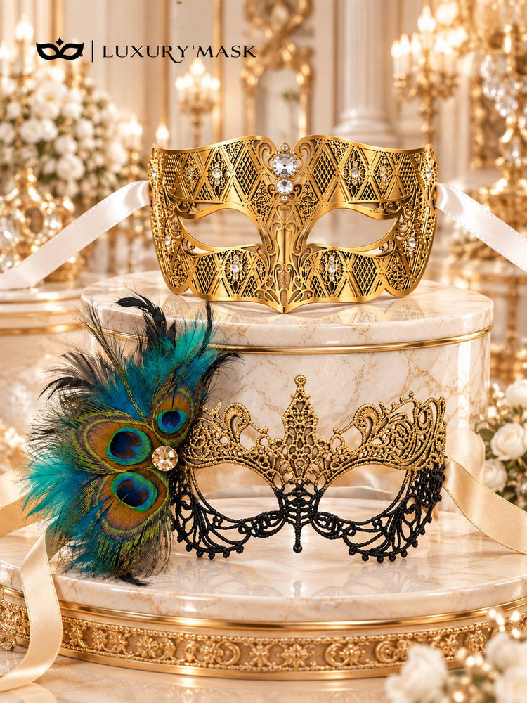 Black Gold Peacock Feather Lace Mask for Women & Gold Diamond Clear Stone Venetian Mask for Men – product photo 6