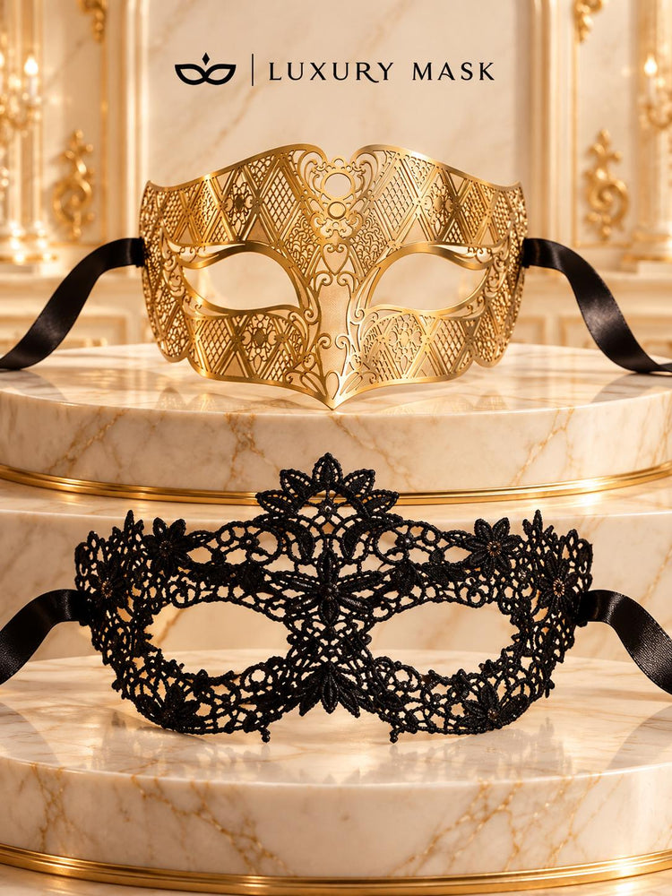 Black Flower Lace Mask for Women & Gold Diamond Venetian Mask for Men - His and Hers Masquerade Mask Set - product photo
