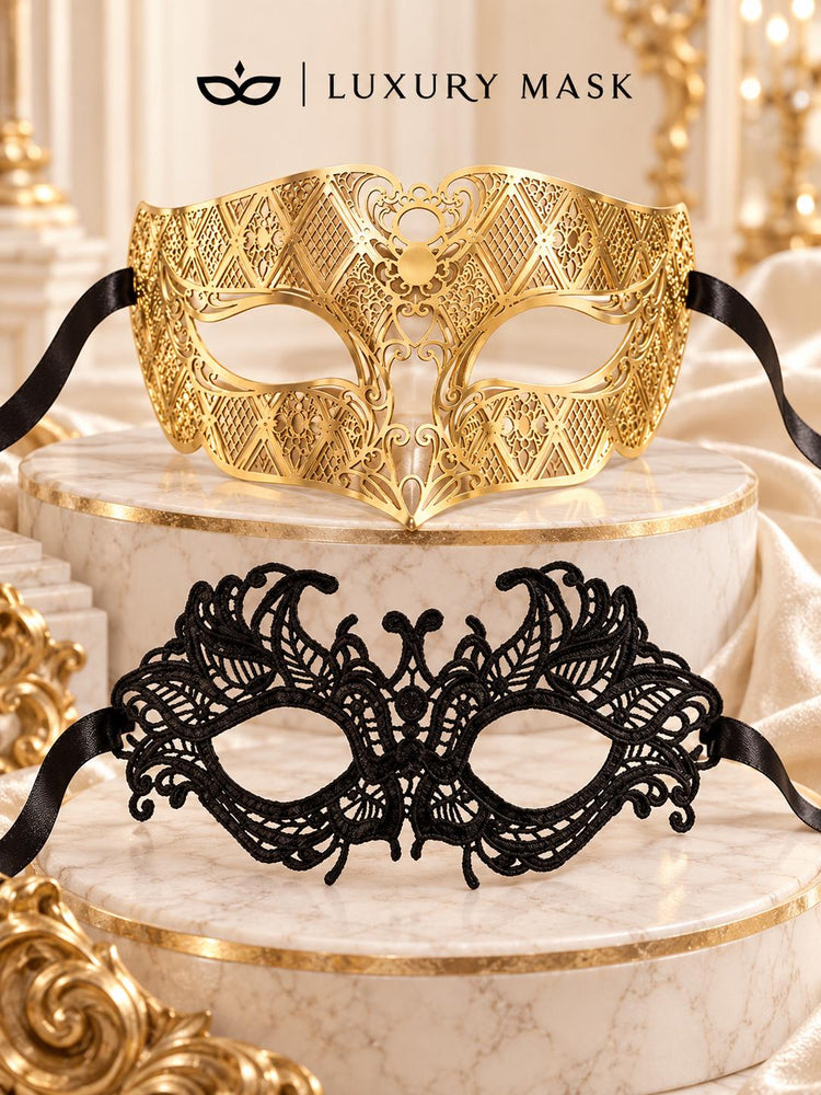 Black Lace Venetian Mask for Women with Gold Diamond Mask for Men | Elegant Black Gold His and Hers Masquerade Set - product view 6