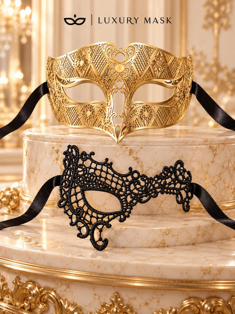 Gold Diamond Venetian Mask for Men & Black Phantom Lace Mask for Women - Dramatic His and Hers Masquerade Masks - product photo