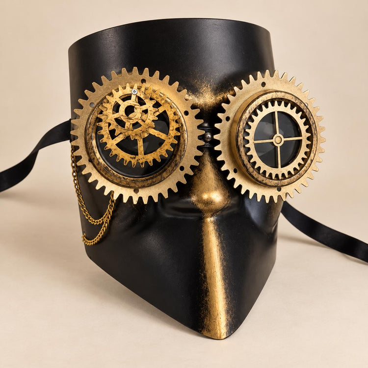 Gold and Black Steampunk Full Face Mask with Gear Goggles and Chain Detail - product photo