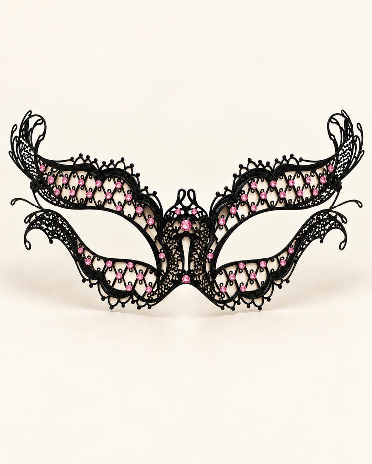 Black Masquerade Mask with Pink Rhinestones for Women, Diamond Design Party Eye Mask - product photo