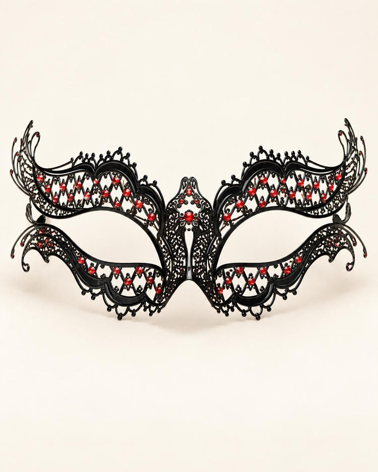 Black Masquerade Mask with Red Rhinestones for Women, Diamond Design Party Eye Mask - product photo