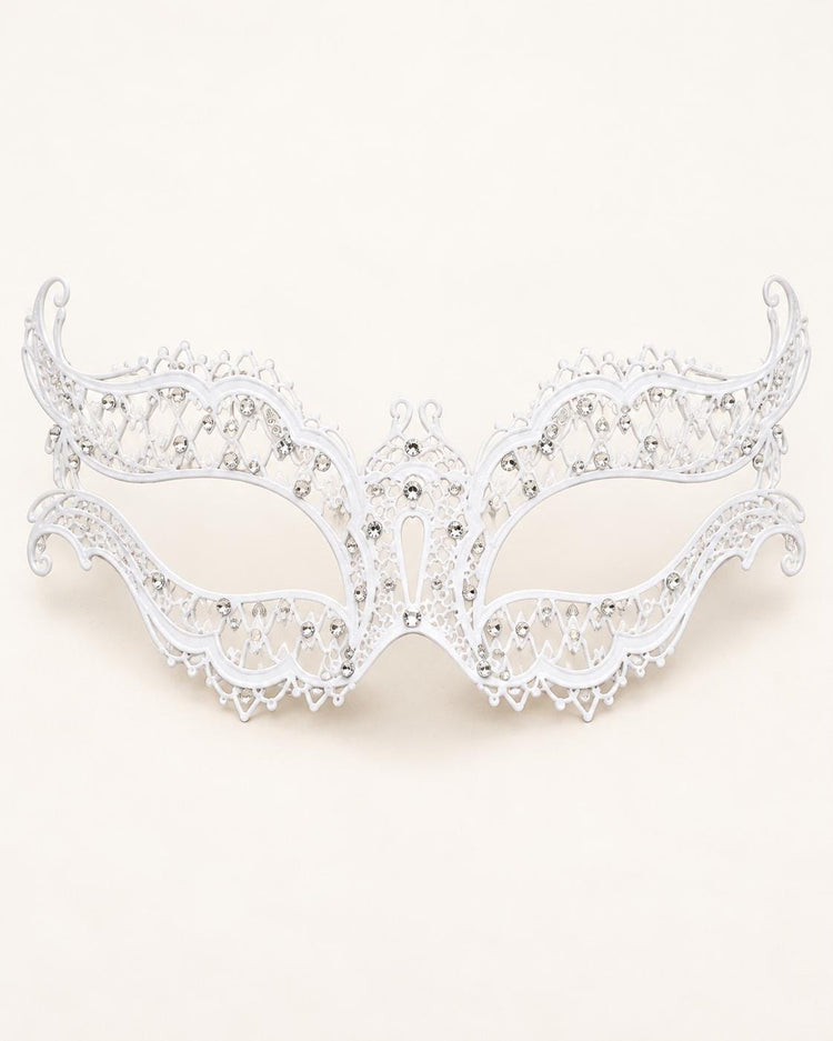 White Masquerade Mask with Clear Rhinestones for Women, Diamond Design Party Eye Mask - product photo