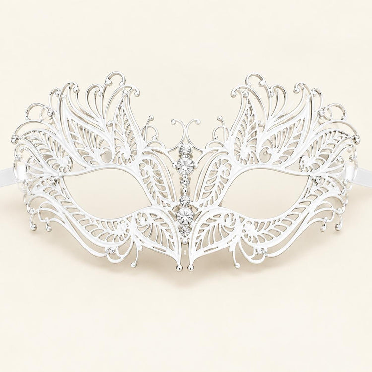 White Butterfly Masquerade Mask with Clear Rhinestones for Women, Metal Party Eye Mask - product photo