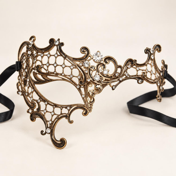 Vintage Gold Masquerade Mask with Clear Rhinestones for Women, Metal Party Eye Mask for Prom - product photo
