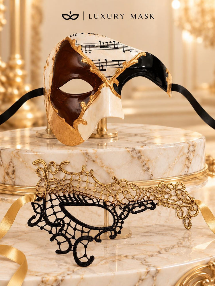 Black Gold Phantom Lace Mask for Women & Brown Gold Black Musical Phantom Mask for Men | Venetian Masquerade Couple Set - image 6