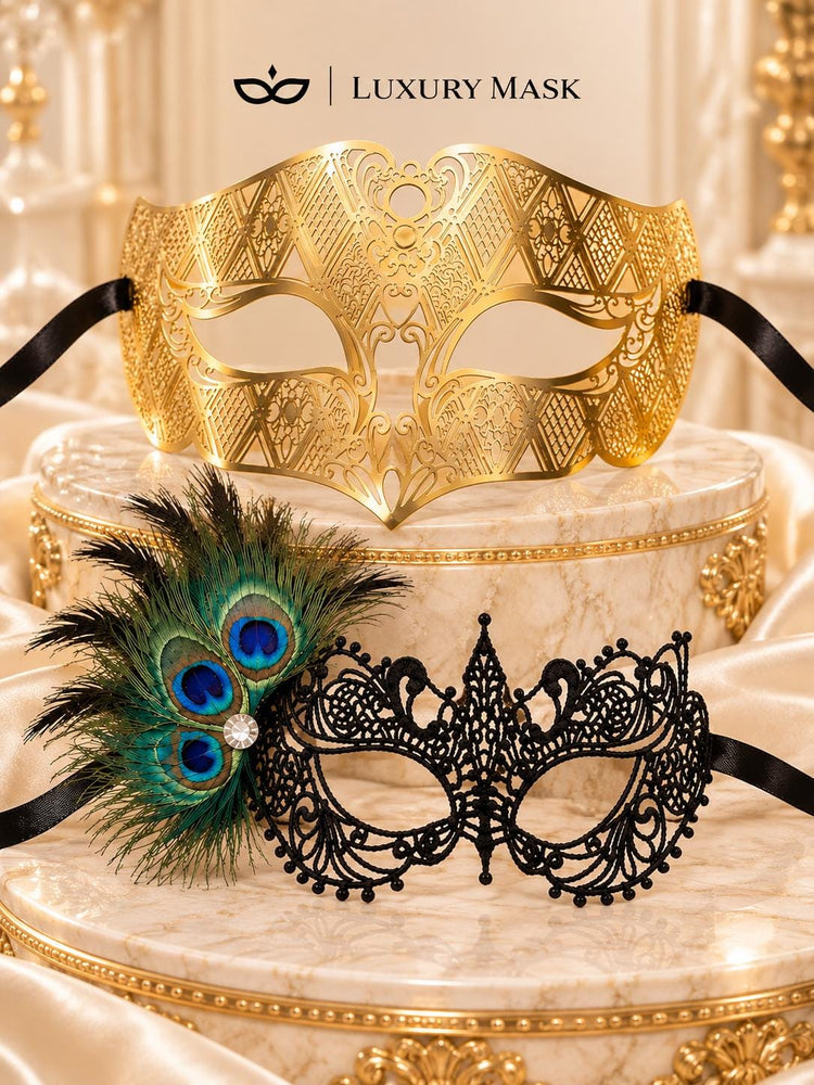 Black Lace Mask with Peacock Feathers for Women & Gold Diamond Venetian Mask for Men | Dramatic Gold Black Masquerade Couple Set - product view 6