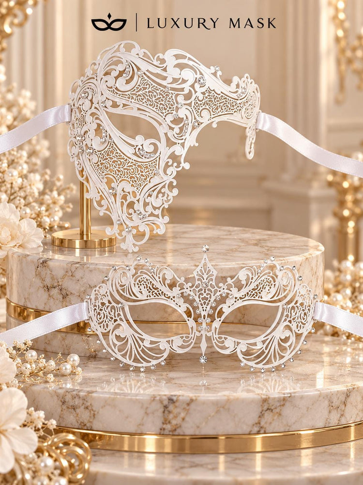 White One Eye Phantom Mask for Men & White Clear Stone Metal Mask for Women | Rhinestone Filigree Venetian Masquerade Set - image 6