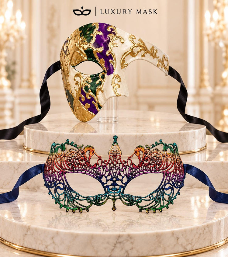 Purple Gold Green Phantom Mask for Men & Rainbow Lace Mask for Women | Colorful Venetian Masquerade Couple Set - image 6