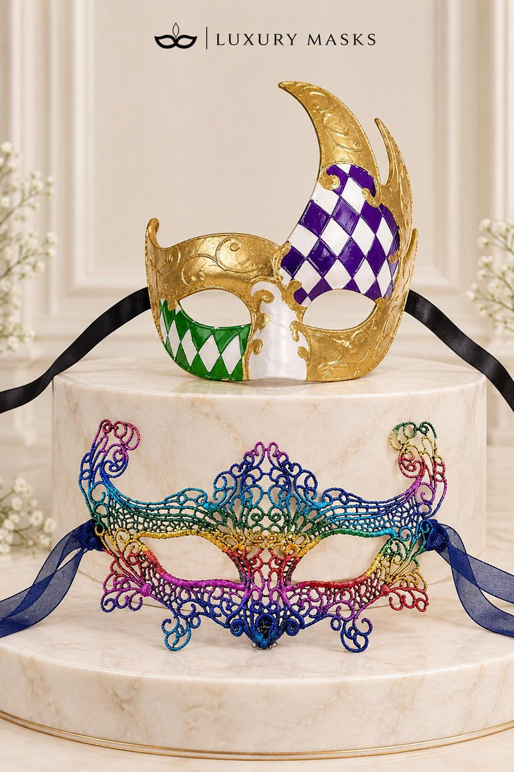 Rainbow Crown Lace Mask for Women & Gold Purple Green Checkered Mask for Men | Ornate Venetian Masquerade Couple Set - image 6