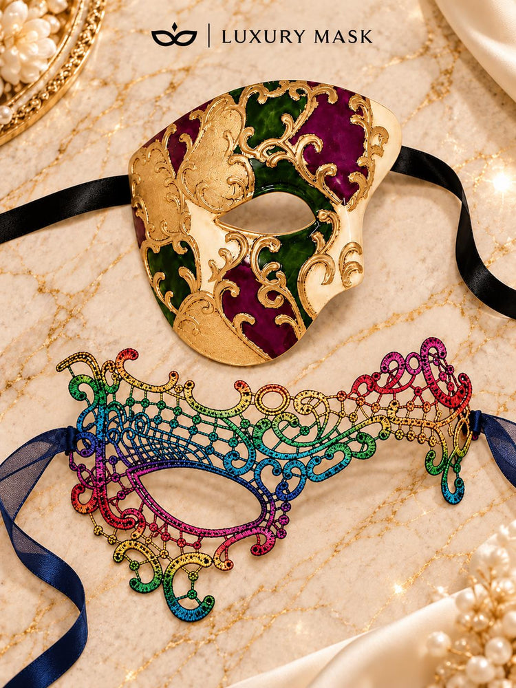 Rainbow Phantom Lace Mask for Women with Purple Gold Green One Eye Phantom Mask for Men | Venetian Masquerade Couple Set - image 6