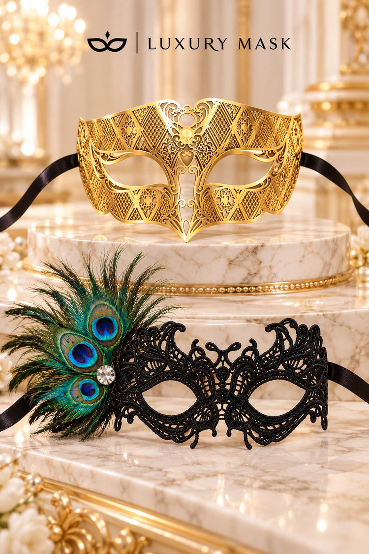 Gold Diamond Venetian Mask for Men & Black Peacock Lace Mask for Women | Dramatic His and Hers Masquerade Set - product view 5