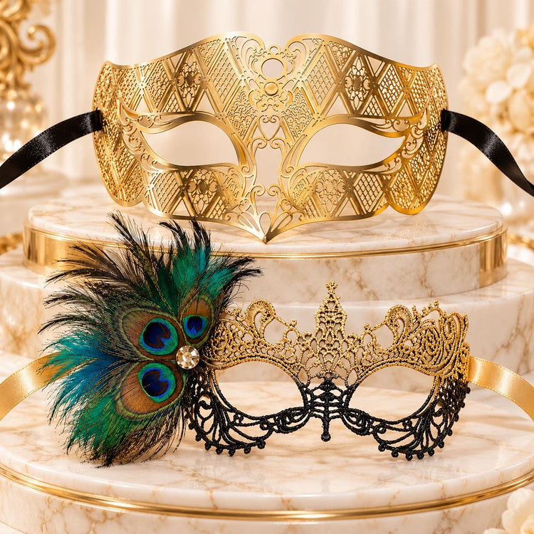 Gold Diamond Masquerade Mask for Men & Black Gold Peacock Lace Mask for Women | Venetian His and Hers Party Masks - product view 5