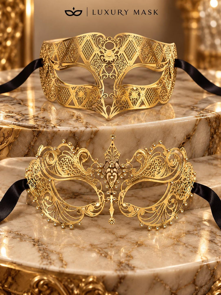 Gold Metal Masquerade Masks for Couples | Laser Cut Half Face Mask for Men & Clear Rhinestone Mask for Women - image 6
