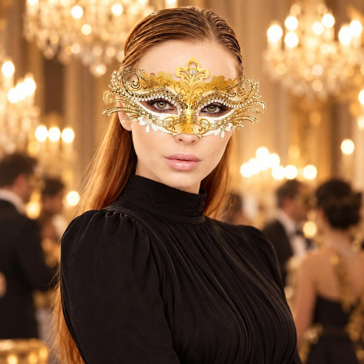 Gold Rhinestone Masquerade Mask for Women, Detailed Cutout Venetian Eye Mask - product photo