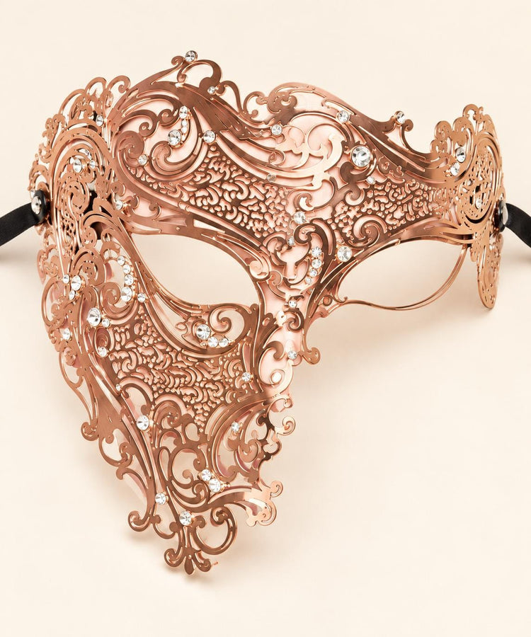 Rose Gold Masquerade Mask with Clear Rhinestones for Men, Side Design Costume Party Mask - product photo