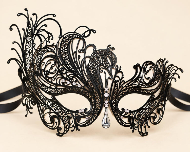 Black Swan Masquerade Mask with Clear Teardrop Stone for Women, Side Design Party Mask - product photo