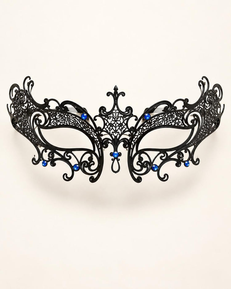 Black Masquerade Mask with Blue Rhinestones for Women, Crown Design Party Eye Mask - product photo