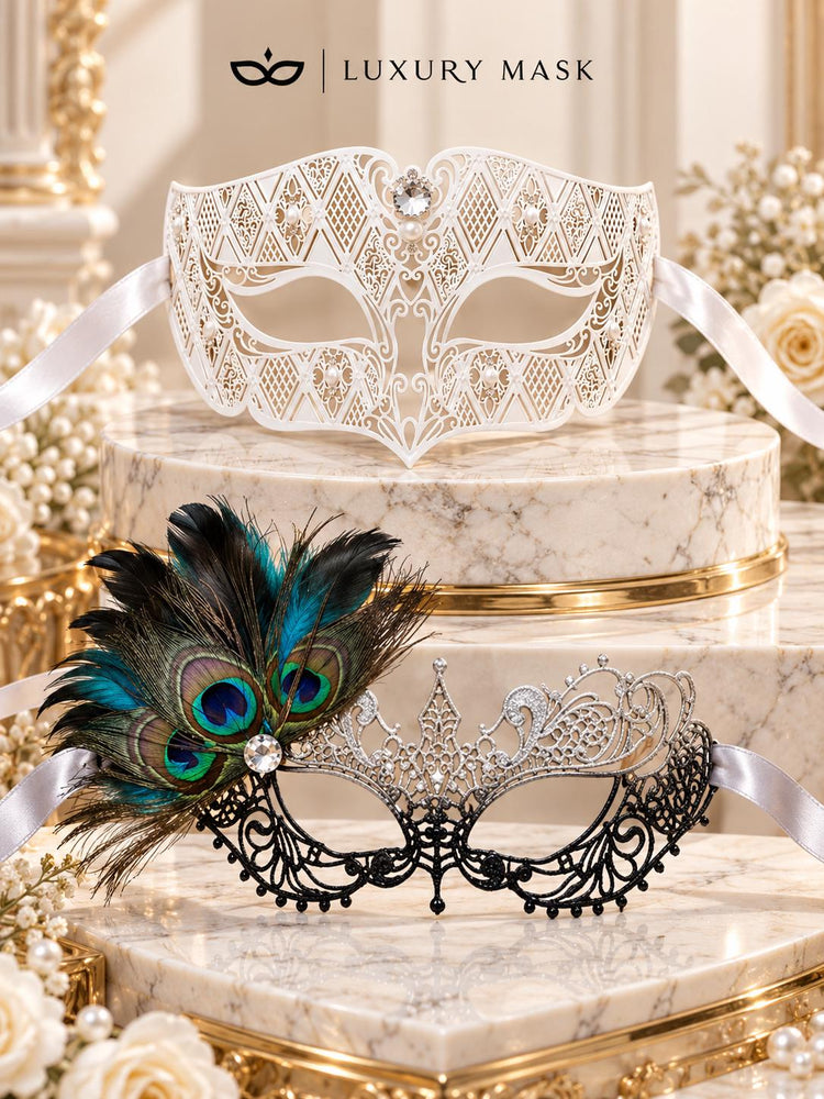 Silver Black Peacock Lace Mask for Women & White Diamond Metal Mask for Men - Clear Stone Venetian Masquerade Masks for Couples - product photo