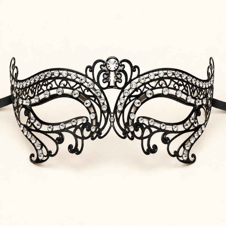 Black Metal Masquerade Mask with Clear Rhinestones for Women, Party Eye Mask for Prom - product photo