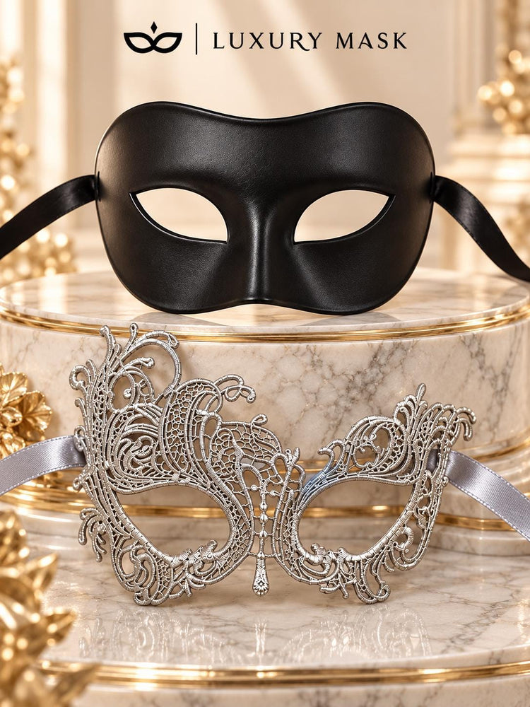 Black & Silver matching masquerade masks for couples, men’s Venetian and women’s lace eye masks – view 6