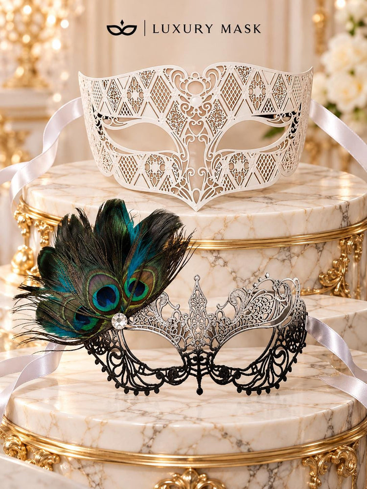 White Diamond Venetian Mask for Men with Silver Black Peacock Lace Mask for Women - Laser Cut Metal Couples Masquerade Set - product photo