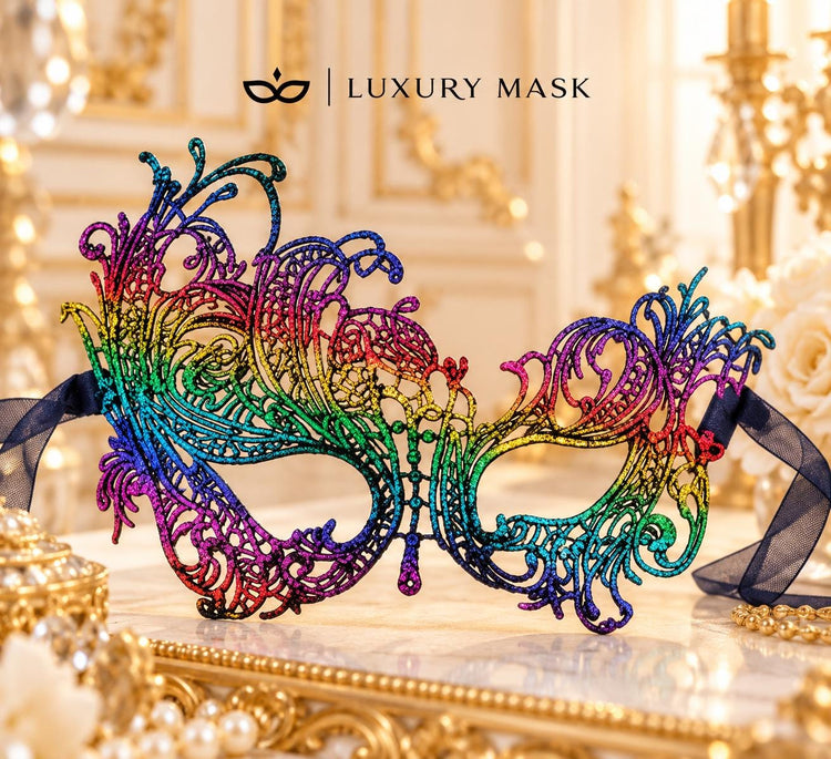 Rainbow Swan Lace Mask for Women - Colorful Venetian Eye Mask for Masquerade Ball, Mardi Gras & Costume Party - product photo