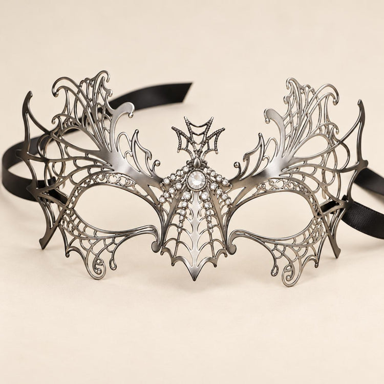 Silver Spider Web Masquerade Mask with Clear Rhinestones for Women, Halloween Eye Mask - product photo