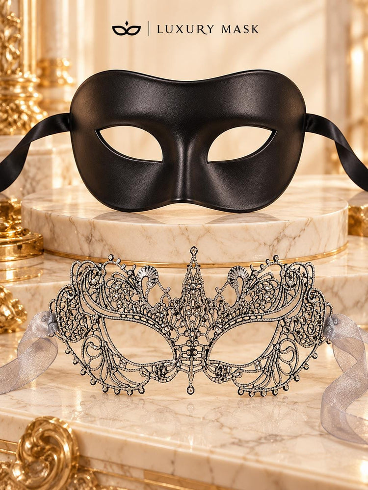 Black & Silver matching masquerade masks for couples, men’s Venetian and women’s lace eye masks – view 6