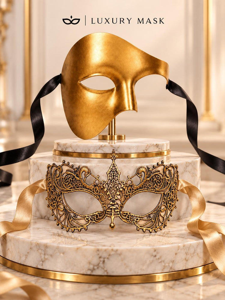 Gold Opera Phantom Mask for Men & Gold Lace Mask for Women | Venetian Half Face His and Hers Masquerade Set - image 5