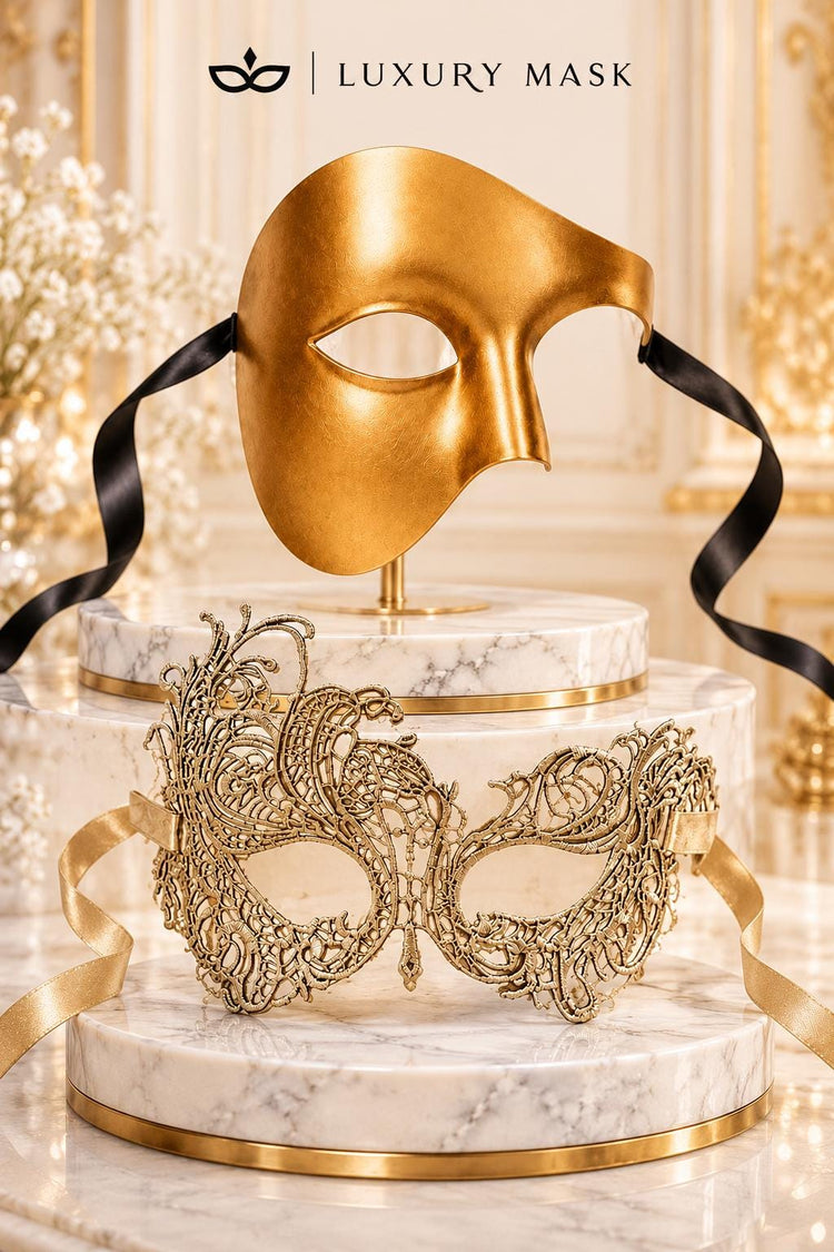 Gold Phantom Opera Mask for Men & Gold Swan Lace Mask for Women | Venetian His and Hers Masquerade Couple Set - image 6