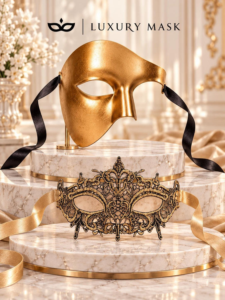 Gold Phantom Venetian Mask for Men with Gold Crown Lace Mask for Women | Venetian His and Hers Masquerade Set - image 6