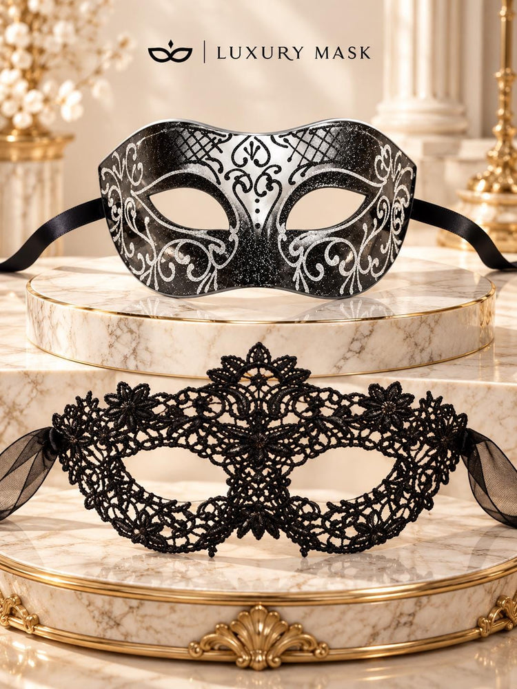 Black & Silver matching masquerade masks for couples, men’s Venetian and women’s lace eye masks – view 6